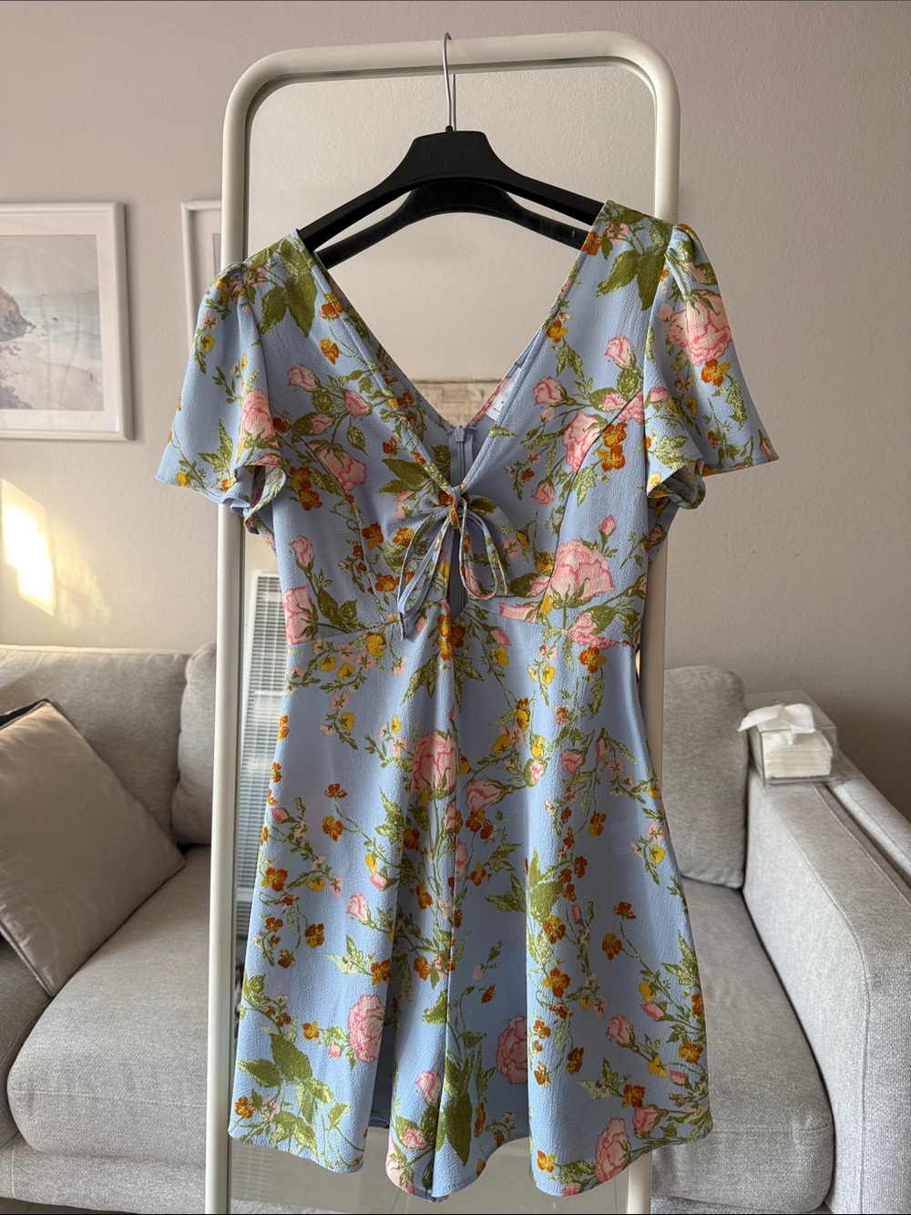 Floral Tie-Front Summer Romper - Light Blue